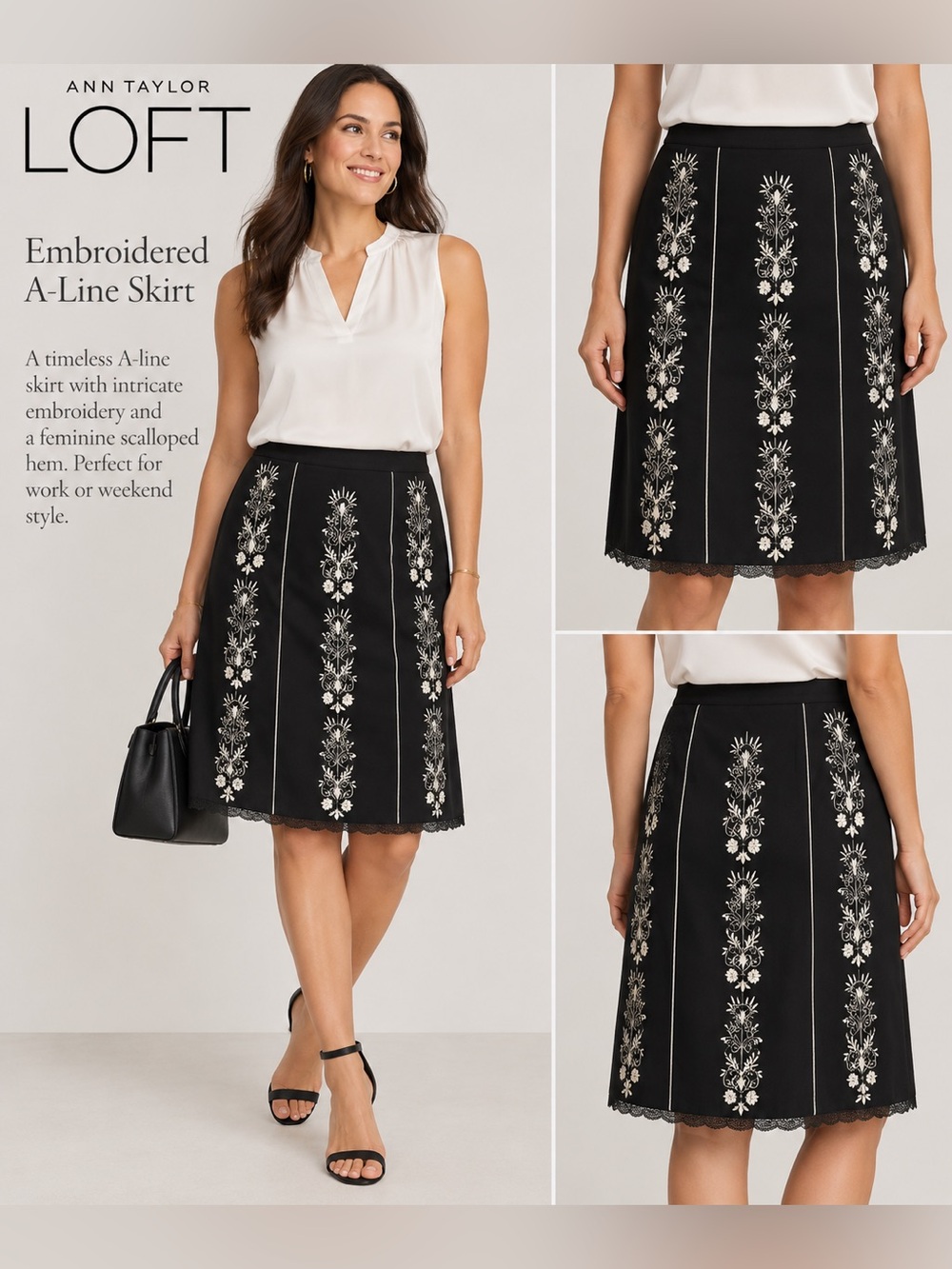 LOFT Black A-Line Skirt with Cream Floral Embroidery